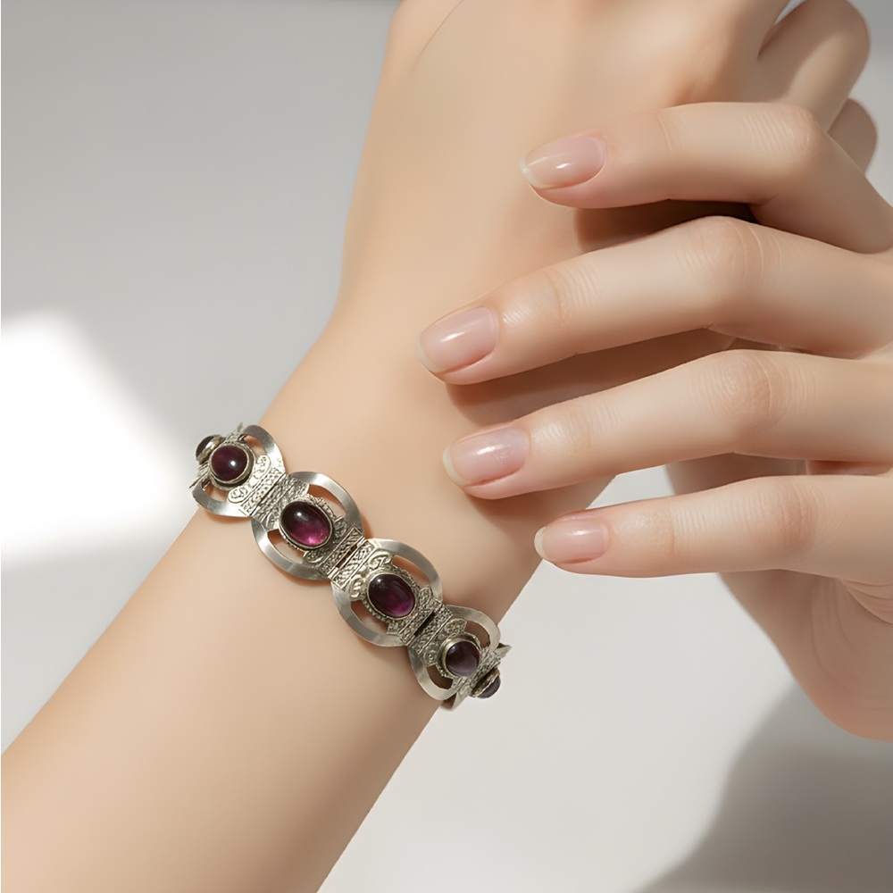 Vintage Sterling Silver Faux Amethyst 6 Panel Bracelet